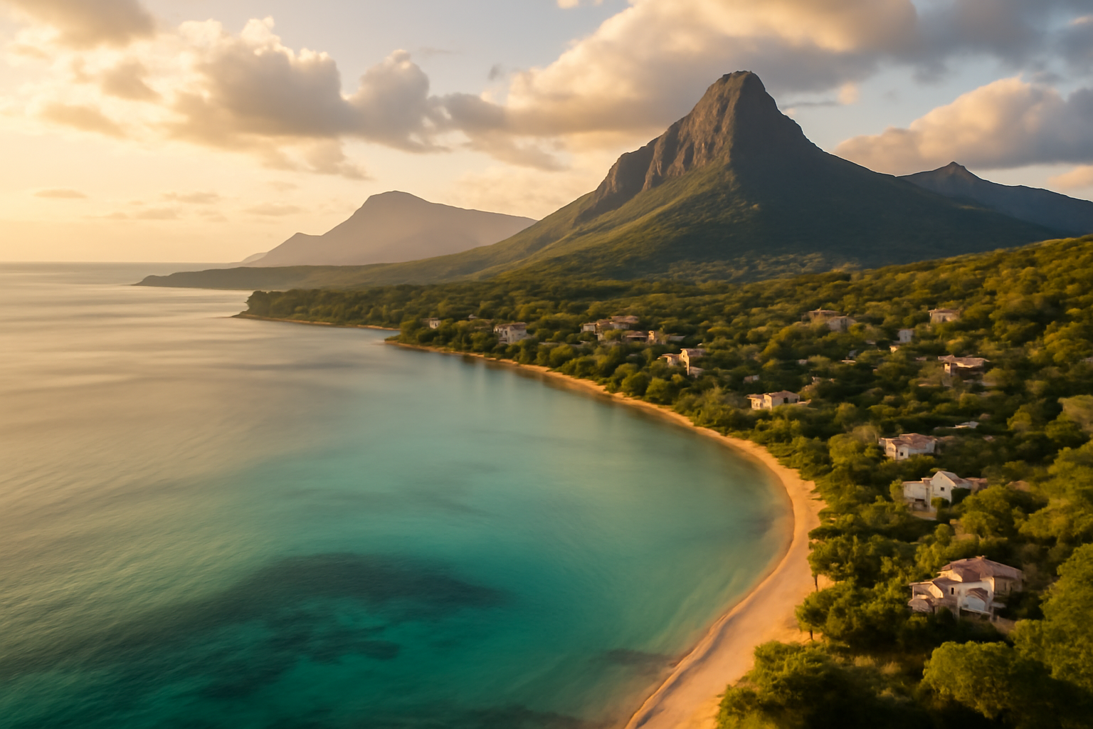 Aerial view of Tamarin Bay, Mauritius at golden hour — sweeping turquoise lagoon, residential villas dotting the hillside, dramatic mountain backdrop, no text, photorealistic landscape photography, warm light