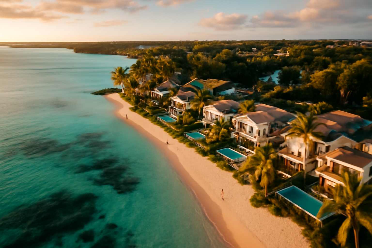 Aerial view of a luxury villa development in Grand Baie, Mauritius — turquoise lagoon, palm trees, white sand beach, golden hour light