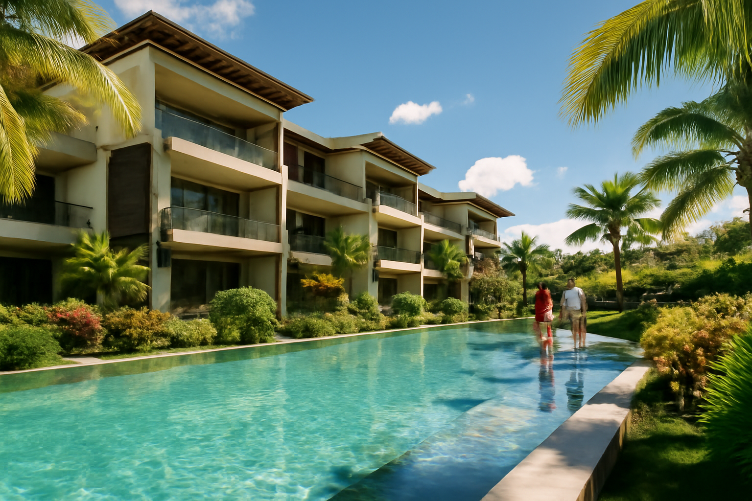 Modern luxury apartment complex in Tamarin or Balaclava, Mauritius — infinity pool, tropical gardens, contemporary architecture, sunny sky