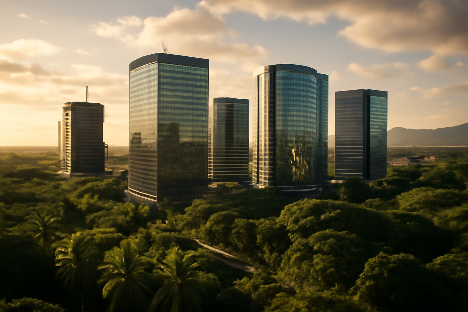 aerial view of Ebene Cybercity financial district at golden hour, modern glass towers surrounded by dense tropical greenery, no people, cinematic wide shot
