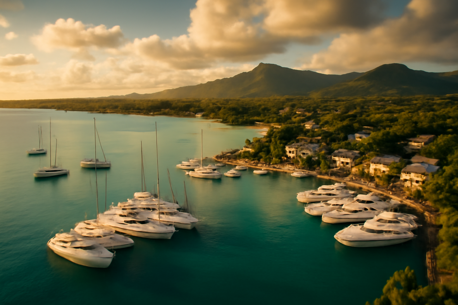 aerial view of Grand Baie marina with private yachts and turquoise coastline in late afternoon golden light, lush tropical hills in the background, cinematic wide angle composition