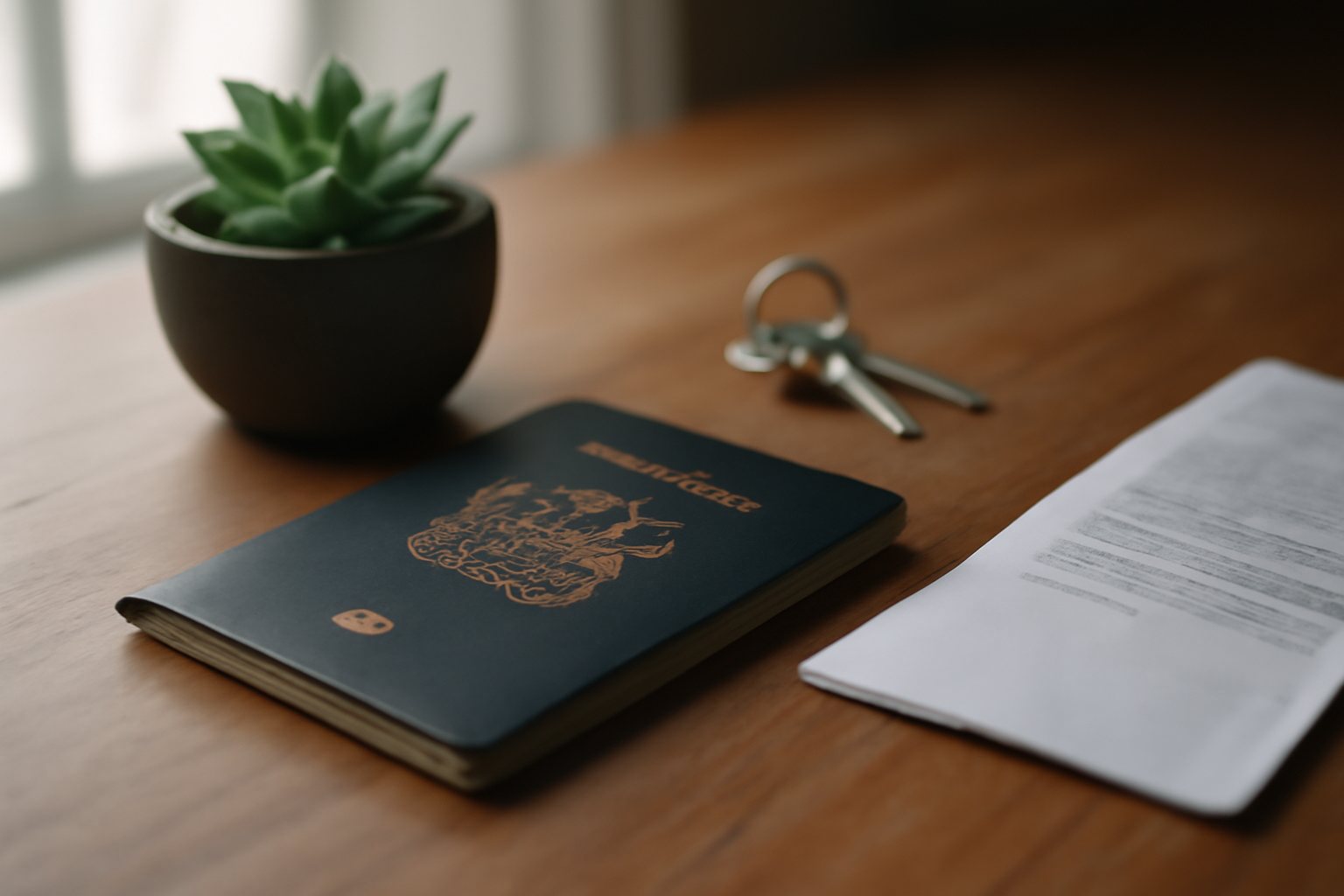 close-up still life of a Mauritius passport resting on a wooden desk beside a small succulent plant, a pair of house keys, and a folded document — soft natural light from a nearby window, calm and considered mood, no people, no text