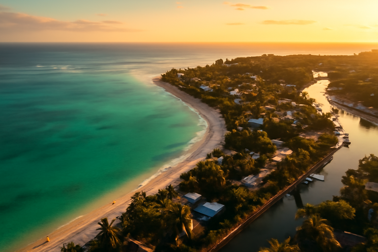 aerial view of Tamarin Bay at golden hour — turquoise lagoon, white sand beach, palm-lined residential villas and a marina visible, Indian Ocean stretching to the horizon, warm cinematic wide shot