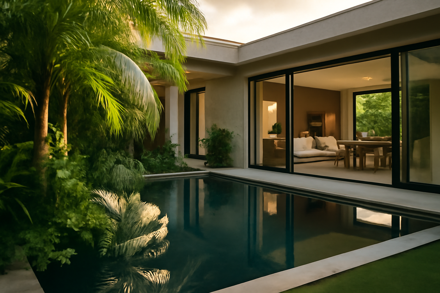 interior courtyard of a contemporary villa in Black River — lush tropical garden, a still swimming pool reflecting palm fronds, open-plan living visible through glass doors, soft late-afternoon light, no people