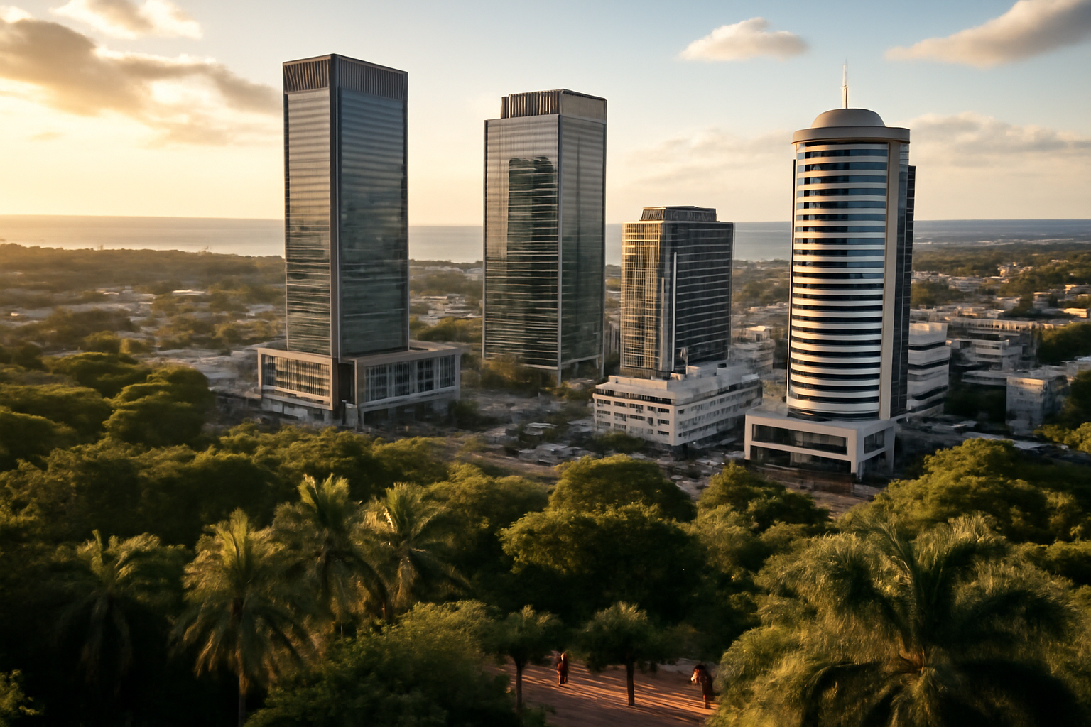 aerial view of Ebene Cybercity business district in Mauritius at golden hour, modern glass towers rising above tropical greenery with ocean visible in the distance