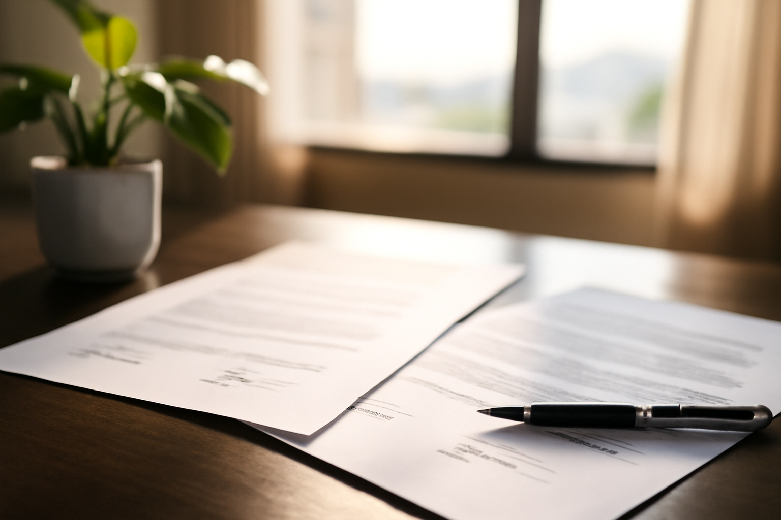 close-up editorial shot of signed corporate documents on a desk, with a small potted tropical plant and morning light coming through a window in Port Louis