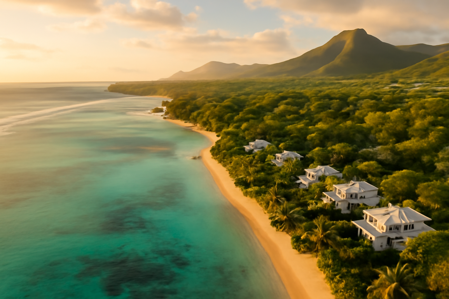 aerial view of Mauritius west coast showing turquoise lagoon, white villas, and lush green hills at golden hour