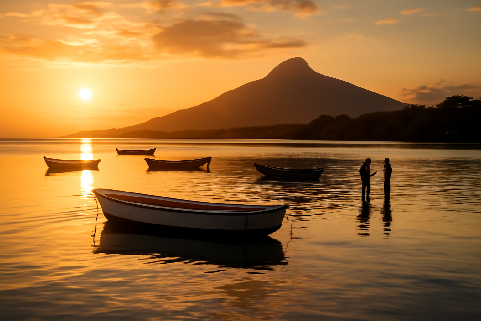 Tamarin Bay west coast Mauritius at sunset, calm water reflecting golden light, small fishing boats moored in the bay