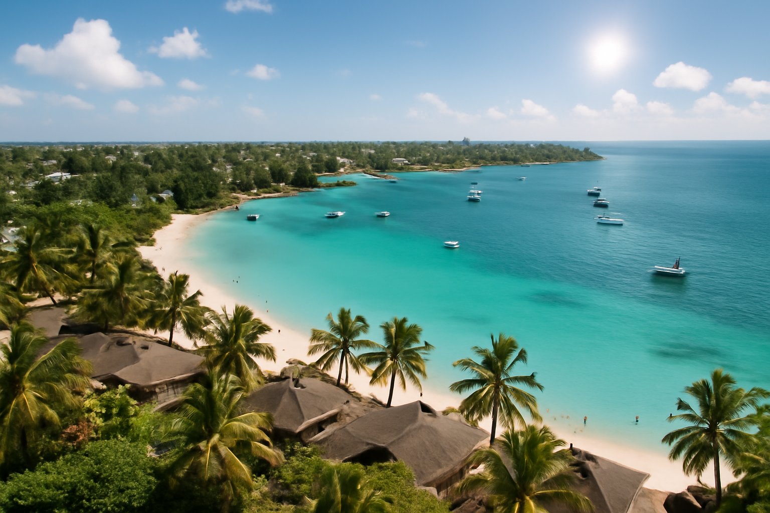 aerial coastal view of Grand Baie in Mauritius, turquoise lagoon, white sand beach, resort rooftops visible through tropical trees, bright midday sun