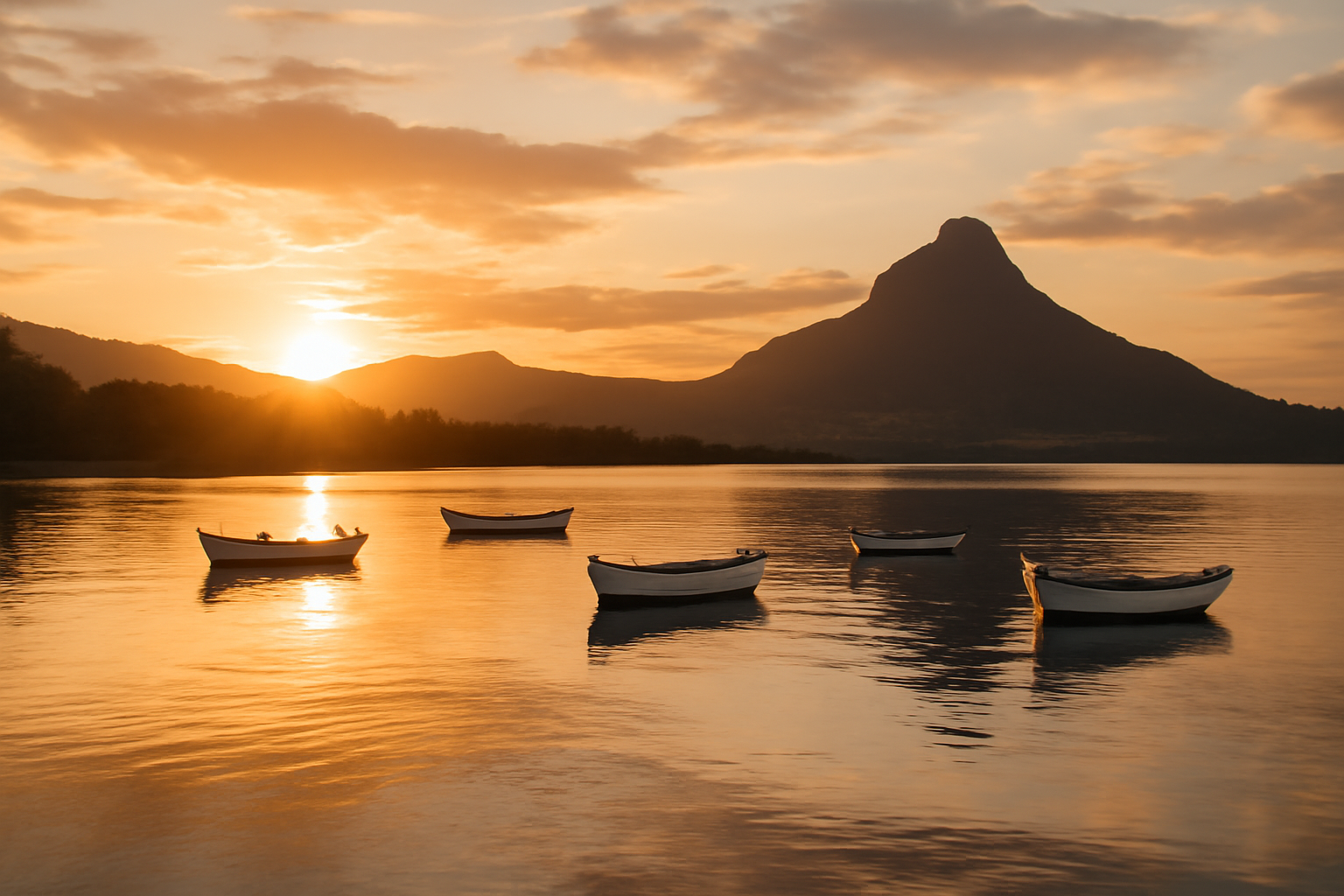 wide-angle view of Tamarin Bay at golden hour, calm water reflecting sunset colours, small fishing boats anchored offshore, Mauritius hills in the background, peaceful and cinematic