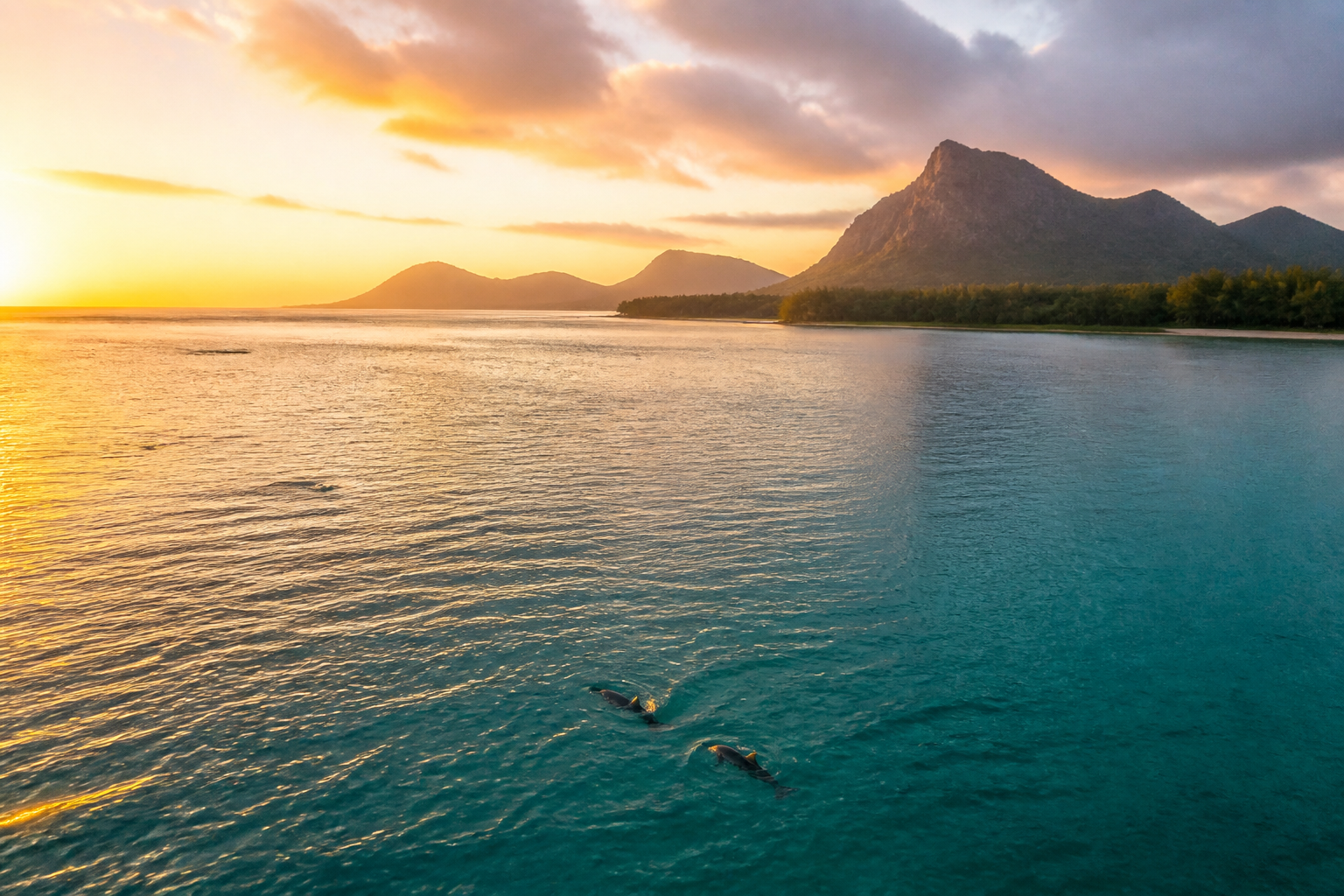 Aerial view at dusk over Tamarin Bay on Mauritius's west coast, calm turquoise water, faint dolphin fins visible near the surface, lush green mountains in the background, warm orange light, no people, cinematic wide shot