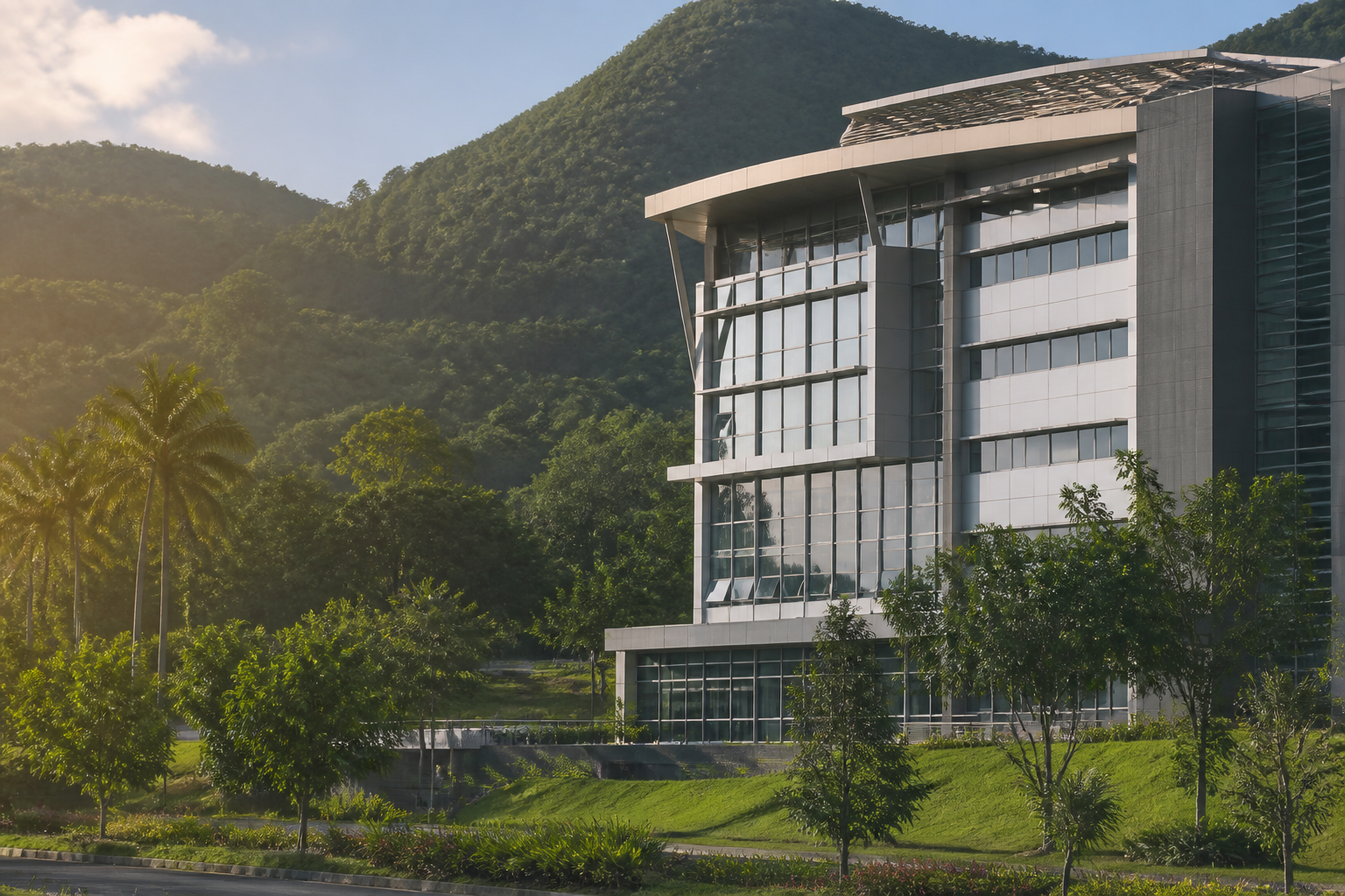 exterior of Apollo Bramwell Hospital in Moka, Mauritius, surrounded by lush tropical hills, modern glass-and-concrete facade, warm late-afternoon light
