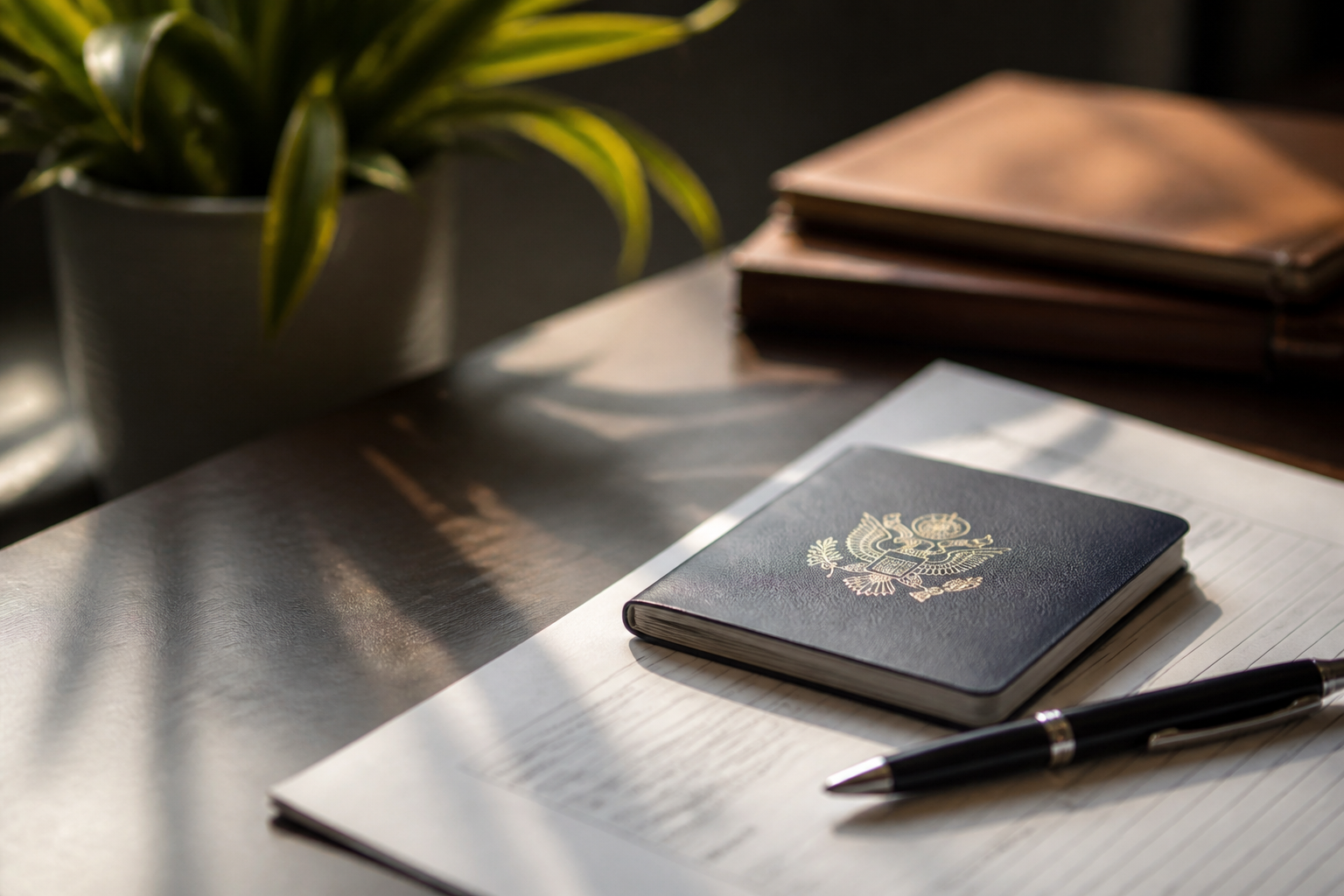 close-up of a passport, official documents, and a pen resting on a dark wooden desk, small tropical potted plant in soft focus in the background, warm directional natural light, clean documentary-style photography